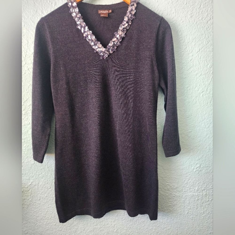 J. McLaughlin Tunic Dress Italian Merino Wool sweater embellish V neck